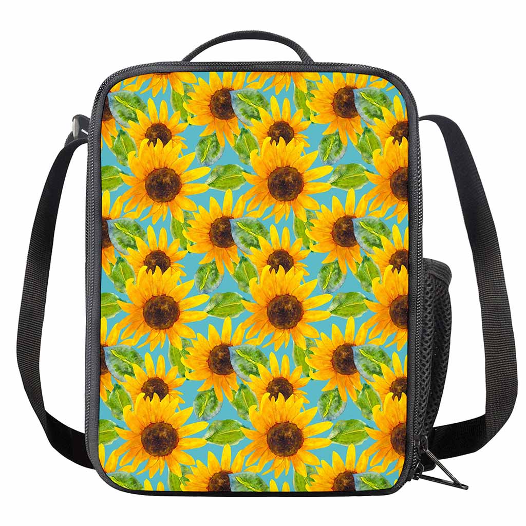 Blue Watercolor Sunflower Pattern Print Crossbody Lunch Bag