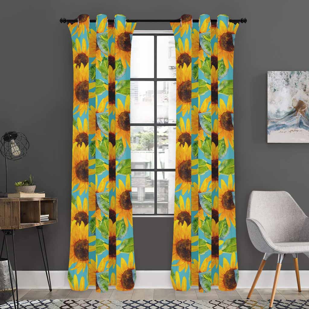 Blue Watercolor Sunflower Pattern Print Curtain