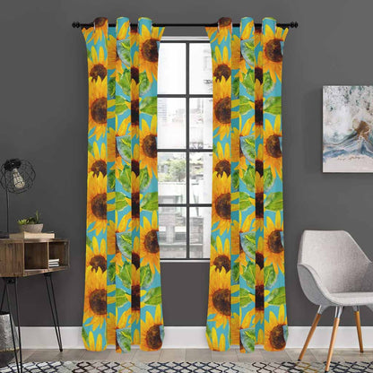 Blue Watercolor Sunflower Pattern Print Curtain