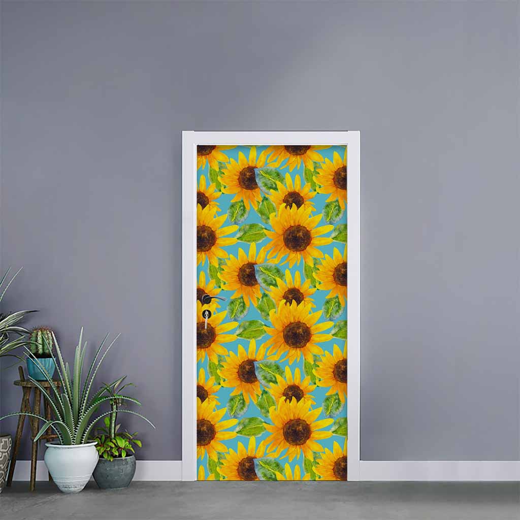 Blue Watercolor Sunflower Pattern Print Door Sticker