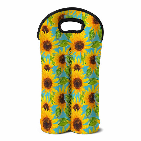 Blue Watercolor Sunflower Pattern Print Double Neoprene Wine Tote