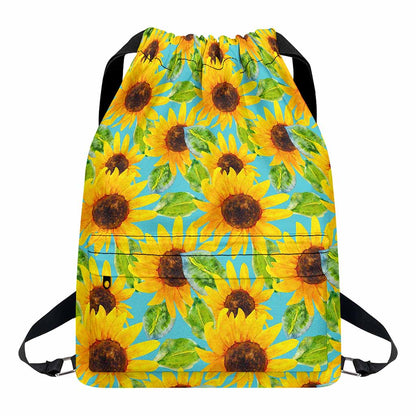 Blue Watercolor Sunflower Pattern Print Drawstring Backpack