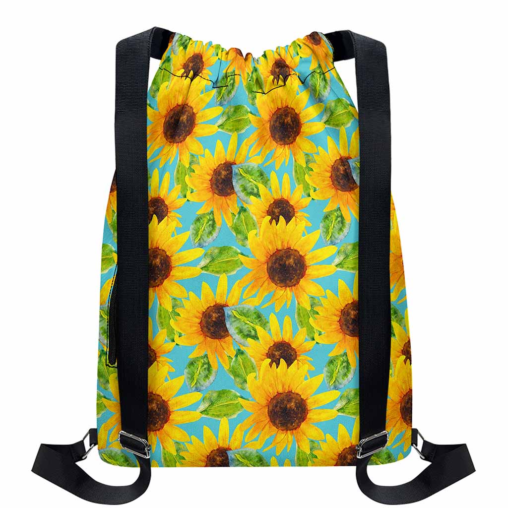 Blue Watercolor Sunflower Pattern Print Drawstring Backpack