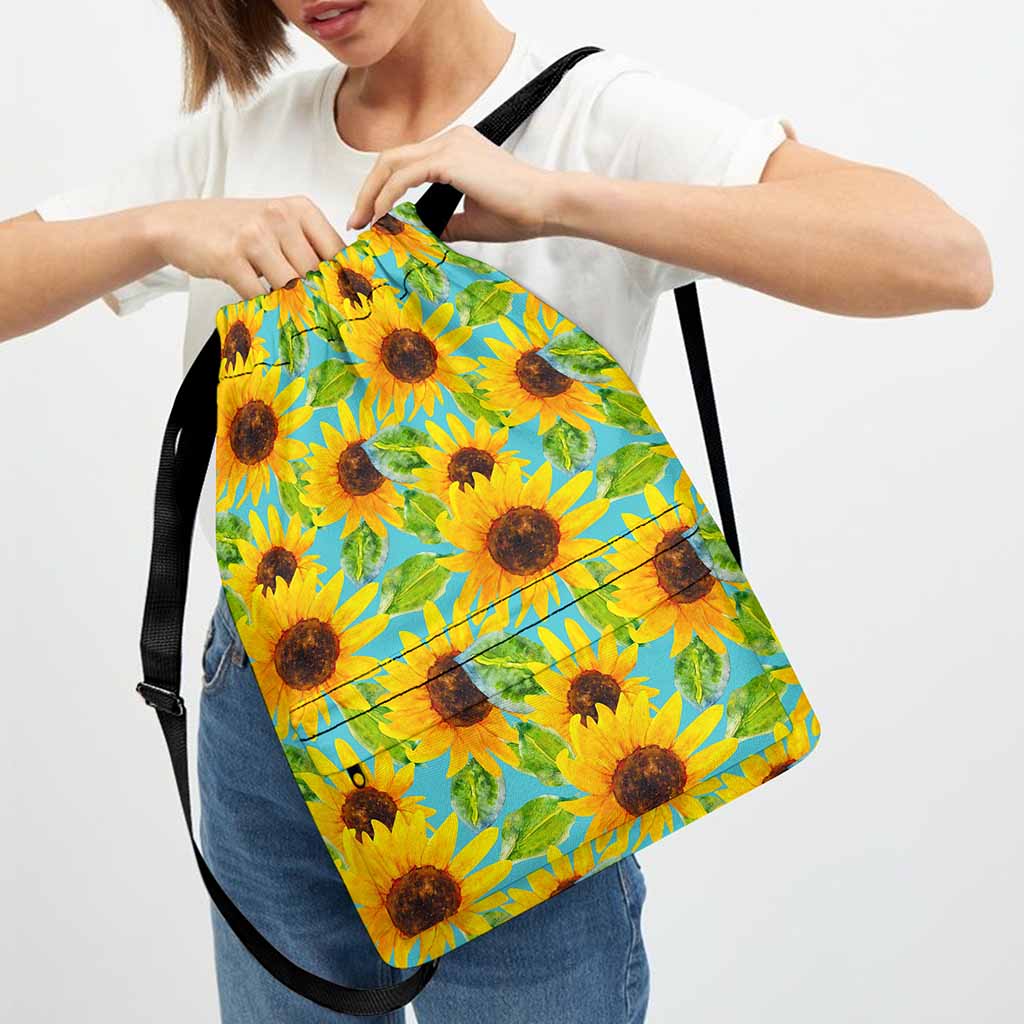 Blue Watercolor Sunflower Pattern Print Drawstring Backpack