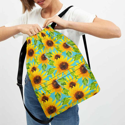 Blue Watercolor Sunflower Pattern Print Drawstring Backpack