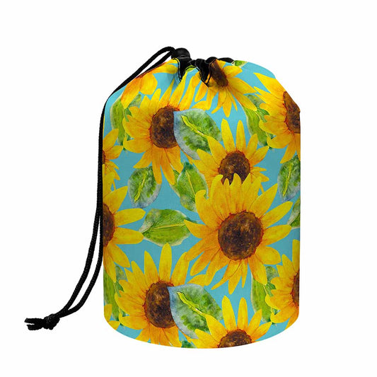 Blue Watercolor Sunflower Pattern Print Drawstring Makeup Bag