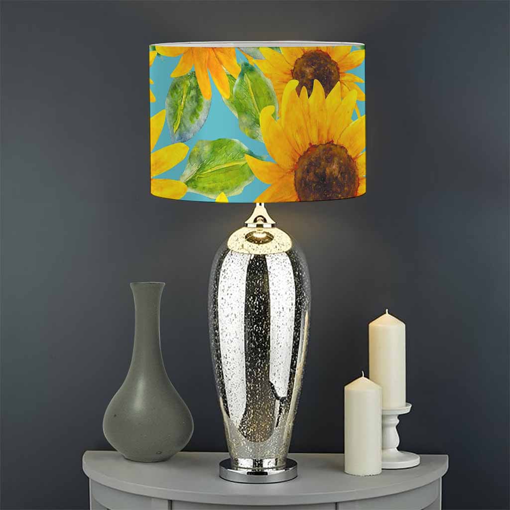 Blue Watercolor Sunflower Pattern Print Drum Lamp Shade
