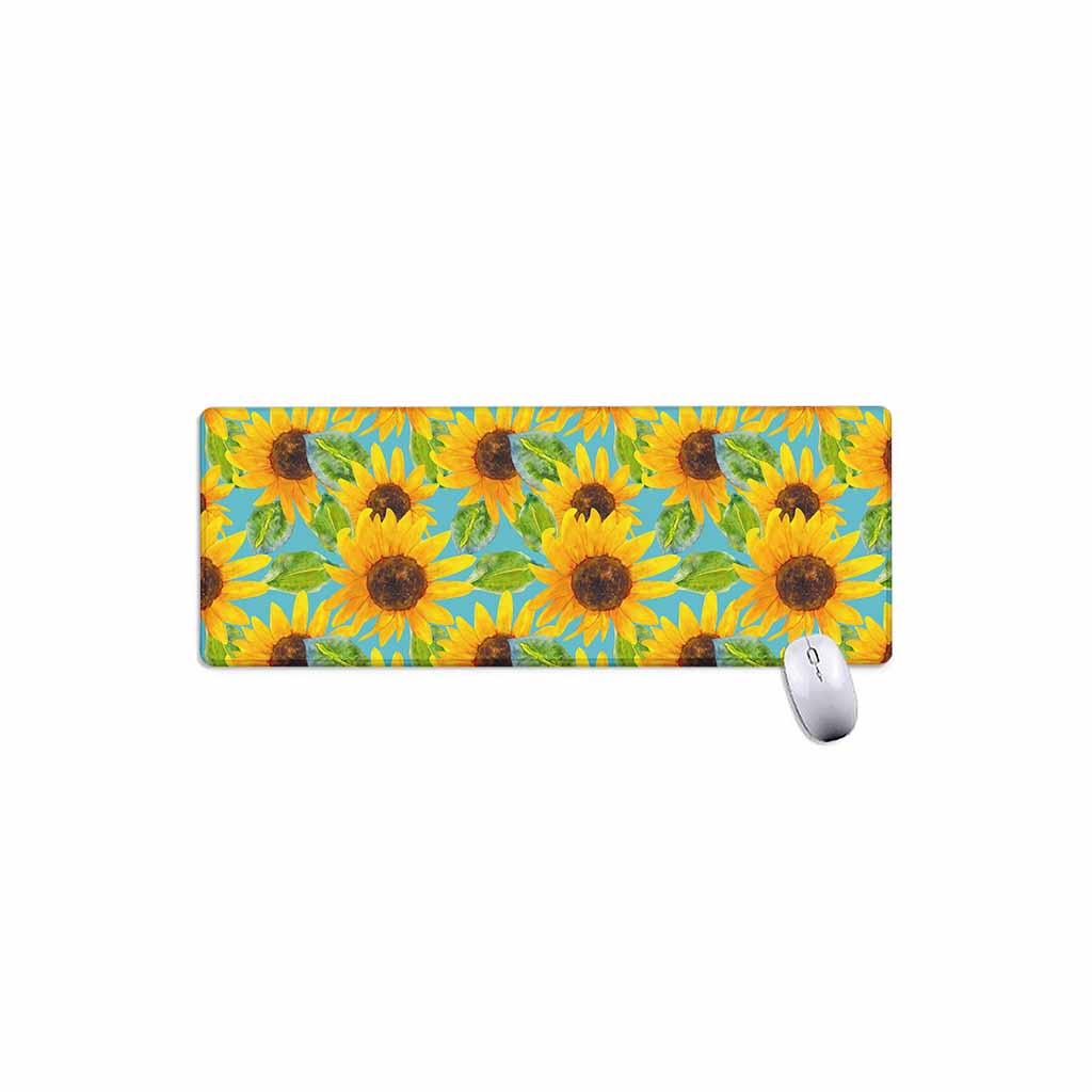 Blue Watercolor Sunflower Pattern Print Extended Mouse Pad