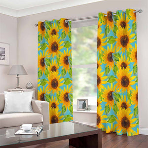 Blue Watercolor Sunflower Pattern Print Extra Wide Grommet Curtains