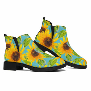 Blue Watercolor Sunflower Pattern Print Flat Ankle Boots