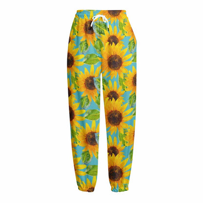 Blue Watercolor Sunflower Pattern Print Fleece Lined Knit Pants