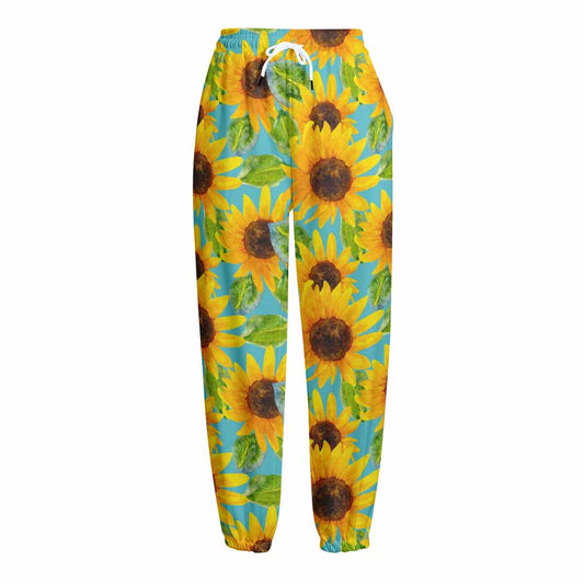 Blue Watercolor Sunflower Pattern Print Fleece Lined Knit Pants