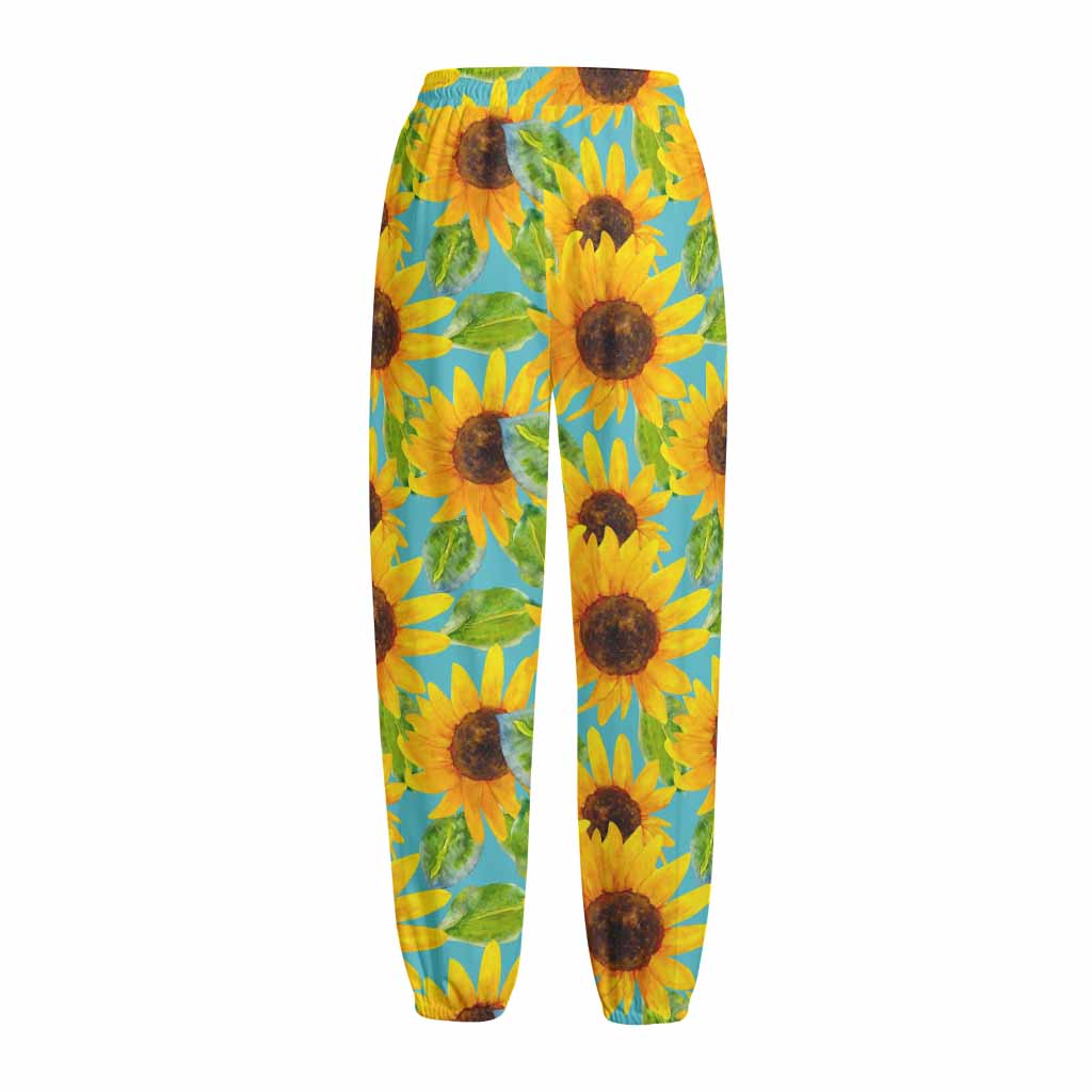 Blue Watercolor Sunflower Pattern Print Fleece Lined Knit Pants