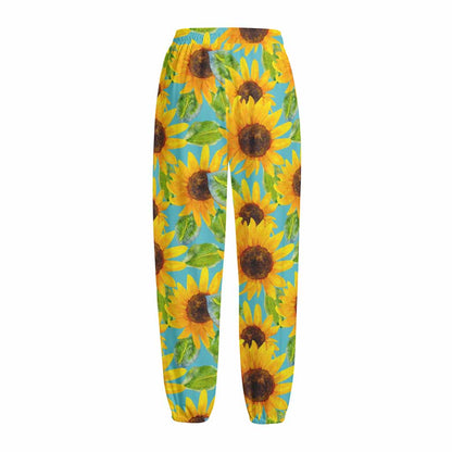 Blue Watercolor Sunflower Pattern Print Fleece Lined Knit Pants