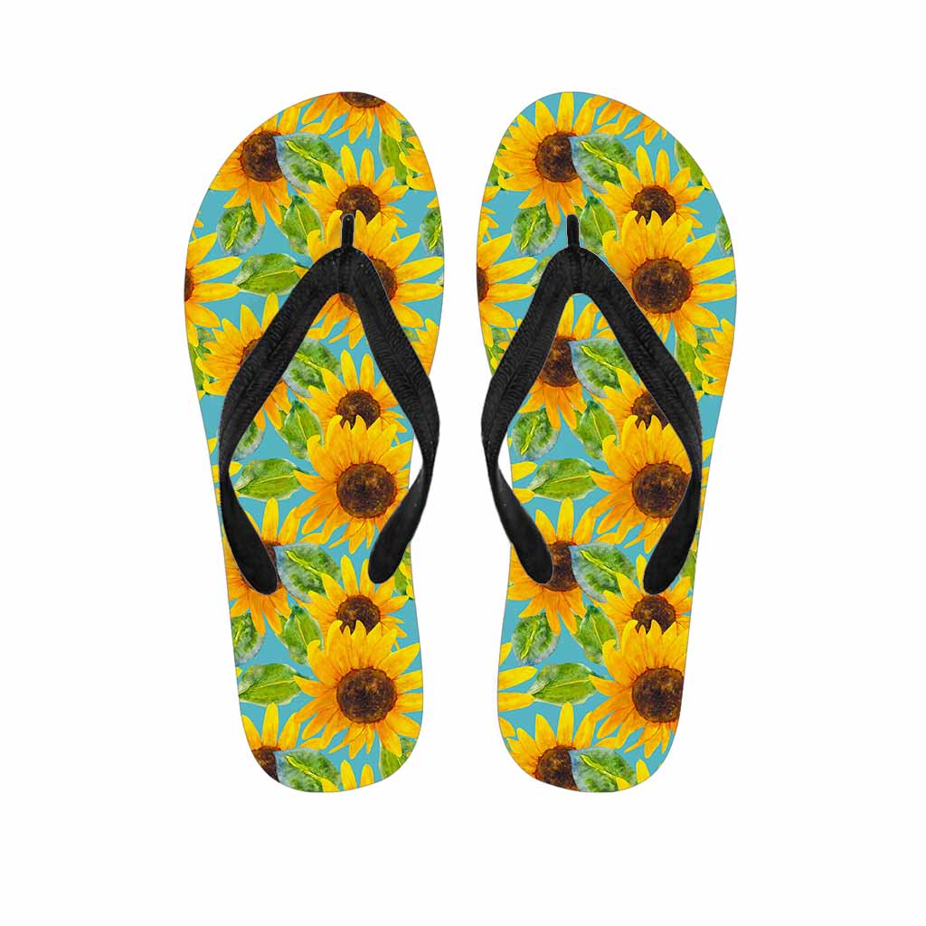 Blue Watercolor Sunflower Pattern Print Flip Flops