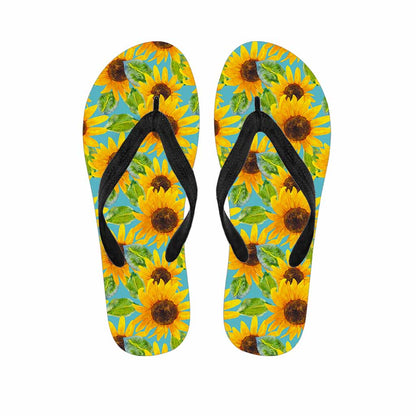 Blue Watercolor Sunflower Pattern Print Flip Flops