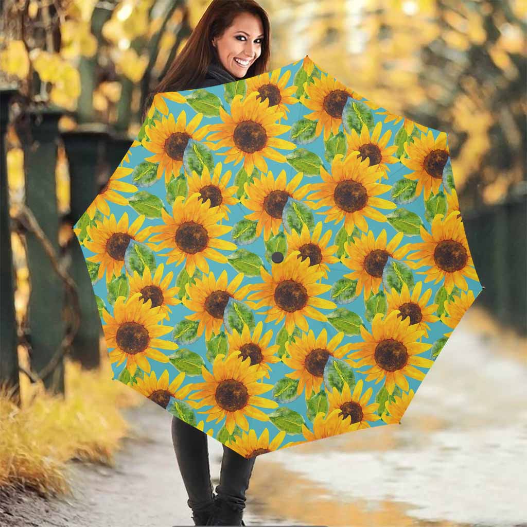 Blue Watercolor Sunflower Pattern Print Foldable Umbrella
