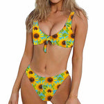 Blue Watercolor Sunflower Pattern Print Front Bow Tie Bikini