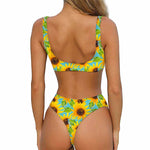 Blue Watercolor Sunflower Pattern Print Front Bow Tie Bikini