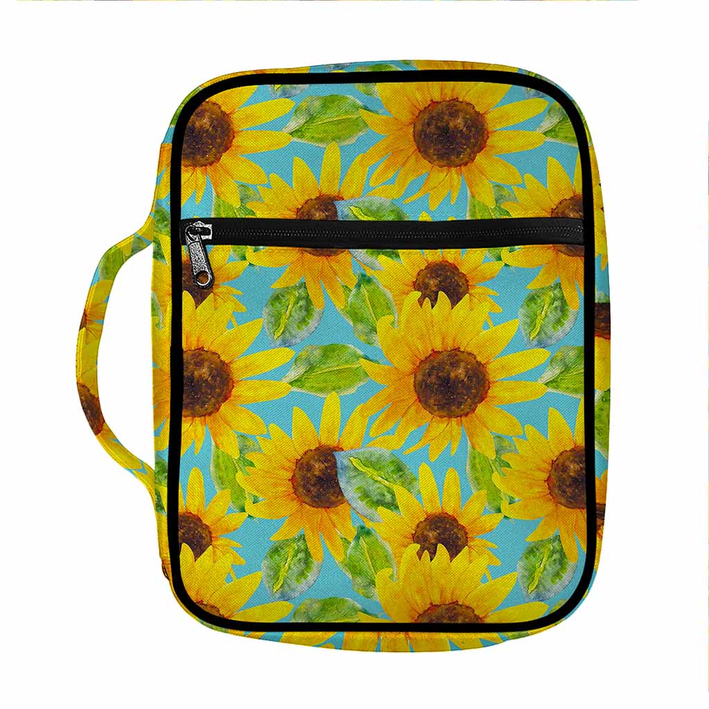 Blue Watercolor Sunflower Pattern Print Front Pocket Bible Bag