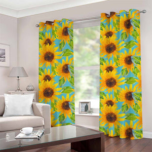 Blue Watercolor Sunflower Pattern Print Grommet Curtains