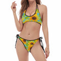 Blue Watercolor Sunflower Pattern Print Halter Scoop Tie Side Bikini