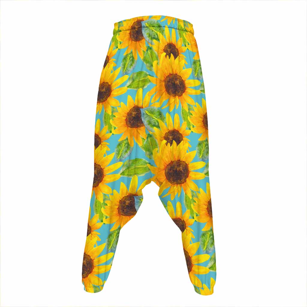 Blue Watercolor Sunflower Pattern Print Hammer Pants