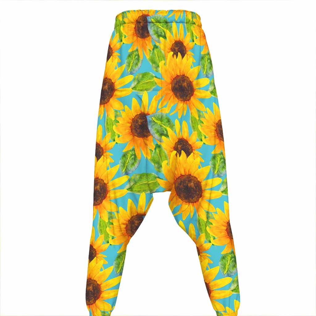 Blue Watercolor Sunflower Pattern Print Hammer Pants