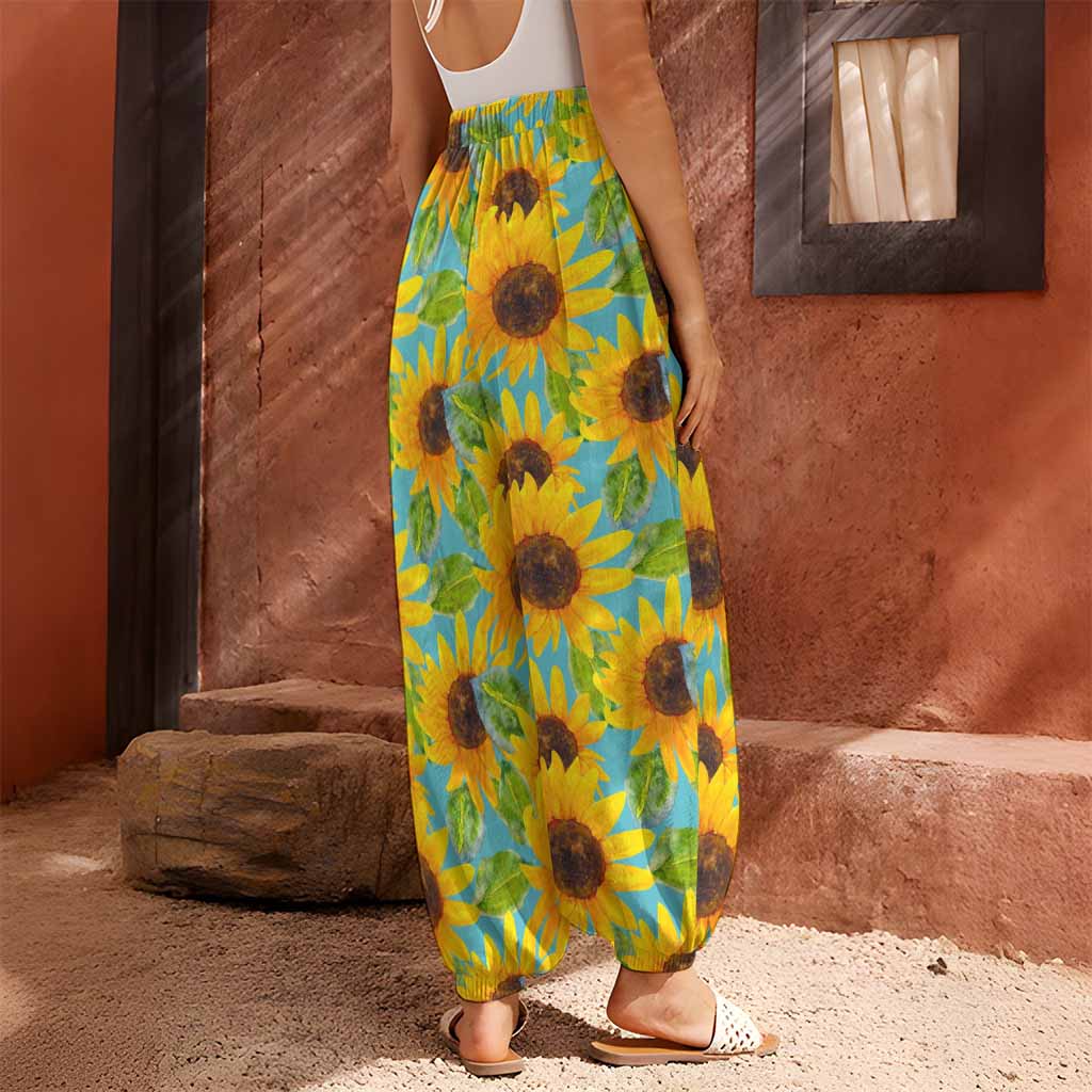 Blue Watercolor Sunflower Pattern Print Harem Pants