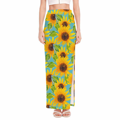 Blue Watercolor Sunflower Pattern Print High Slit Maxi Skirt