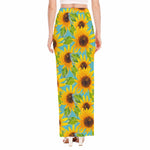 Blue Watercolor Sunflower Pattern Print High Slit Maxi Skirt