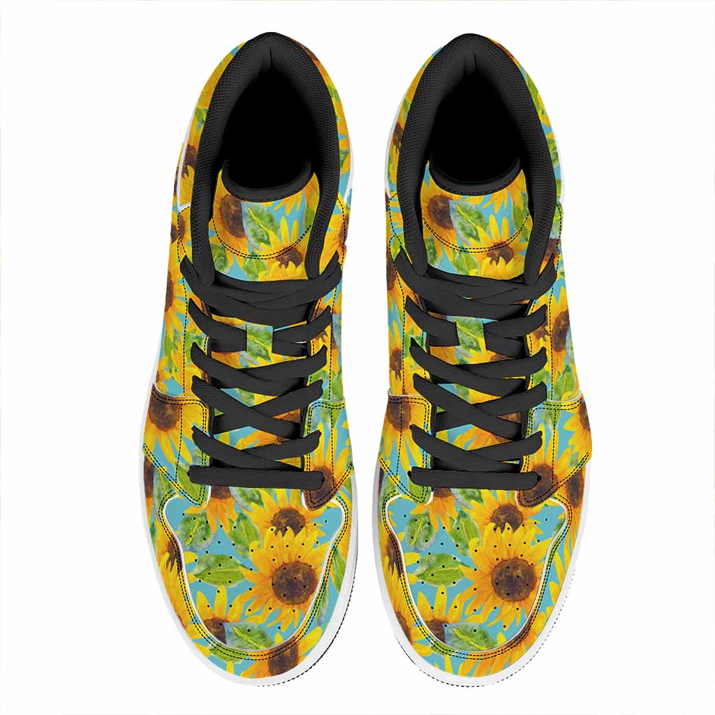 Blue Watercolor Sunflower Pattern Print High Top Leather Sneakers