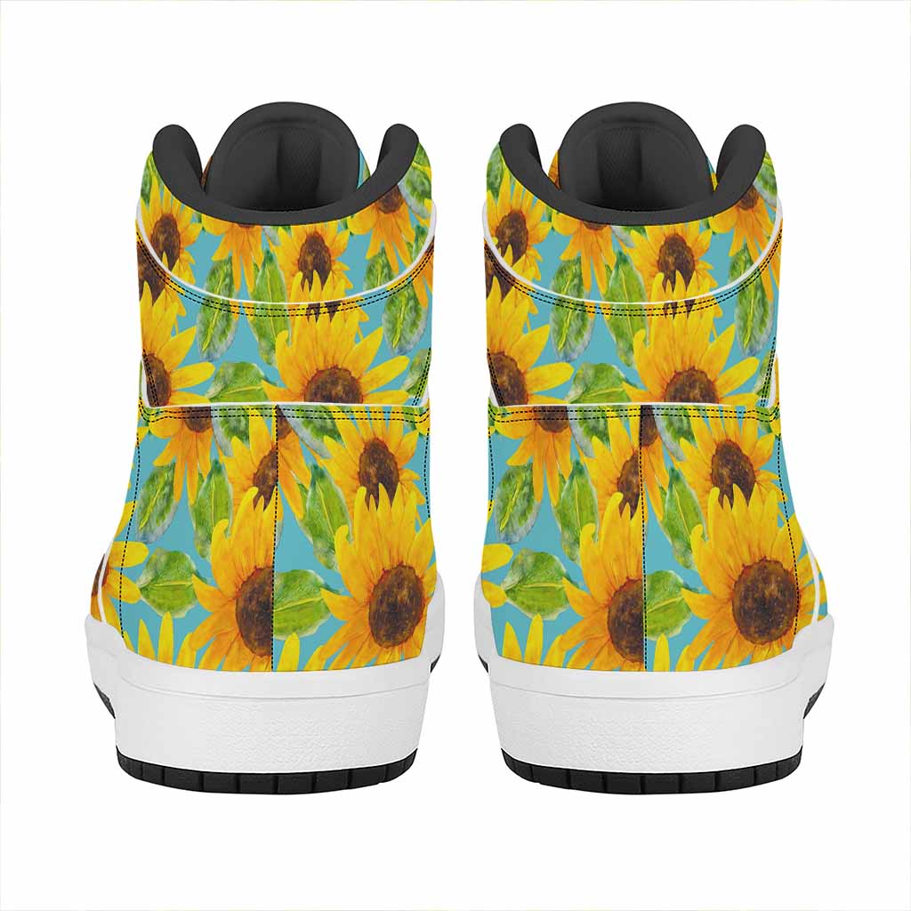 Blue Watercolor Sunflower Pattern Print High Top Leather Sneakers