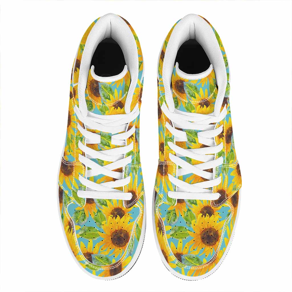 Blue Watercolor Sunflower Pattern Print High Top Leather Sneakers