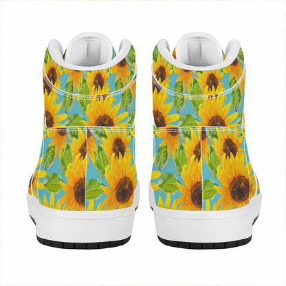 Blue Watercolor Sunflower Pattern Print High Top Leather Sneakers