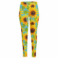 Blue Watercolor Sunflower Pattern Print High-Waisted Pocket Leggings