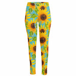 Blue Watercolor Sunflower Pattern Print High-Waisted Pocket Leggings