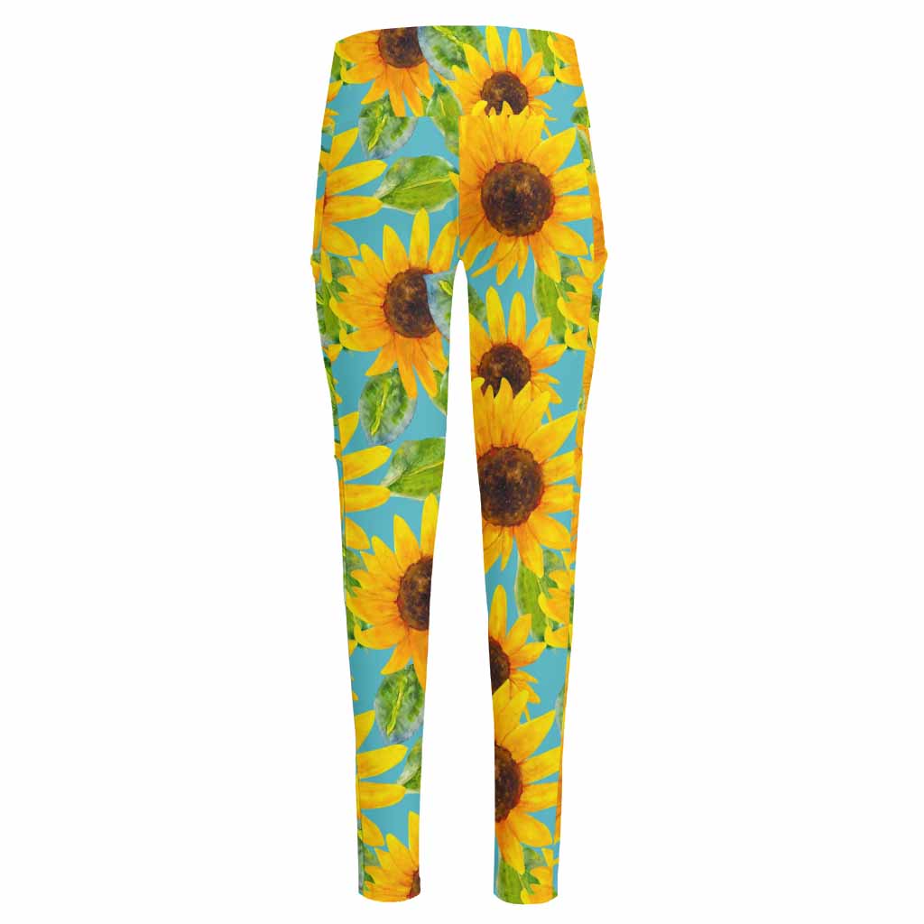 Blue Watercolor Sunflower Pattern Print High-Waisted Pocket Leggings