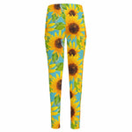Blue Watercolor Sunflower Pattern Print High-Waisted Pocket Leggings