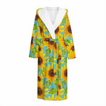 Blue Watercolor Sunflower Pattern Print Hooded Bathrobe