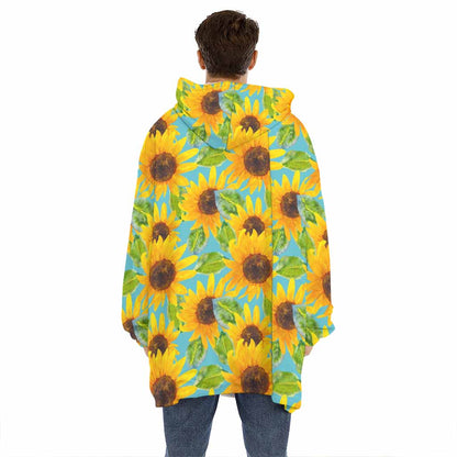 Blue Watercolor Sunflower Pattern Print Hoodie Blanket
