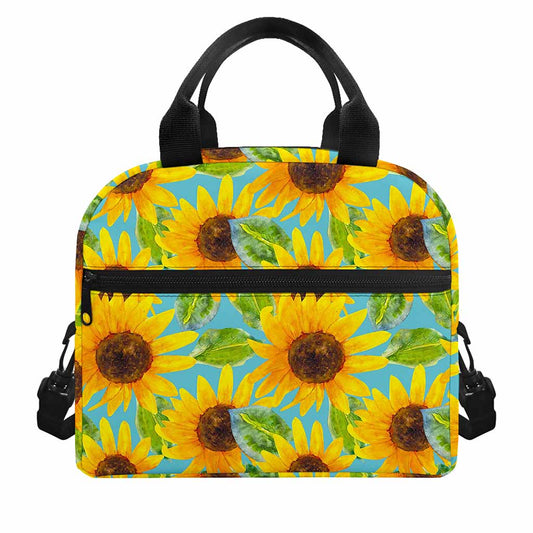 Blue Watercolor Sunflower Pattern Print Insulated Lunch Bag