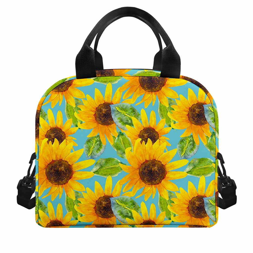 Blue Watercolor Sunflower Pattern Print Insulated Lunch Bag