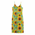 Blue Watercolor Sunflower Pattern Print Jersey Midi Cami Dress