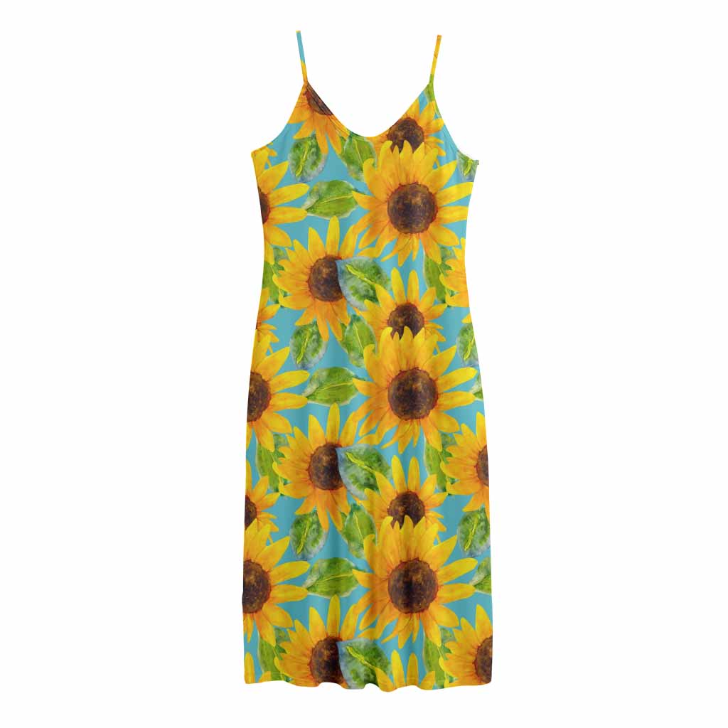 Blue Watercolor Sunflower Pattern Print Jersey Midi Cami Dress