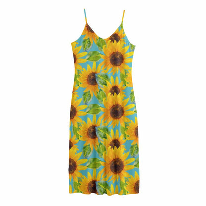 Blue Watercolor Sunflower Pattern Print Jersey Midi Cami Dress