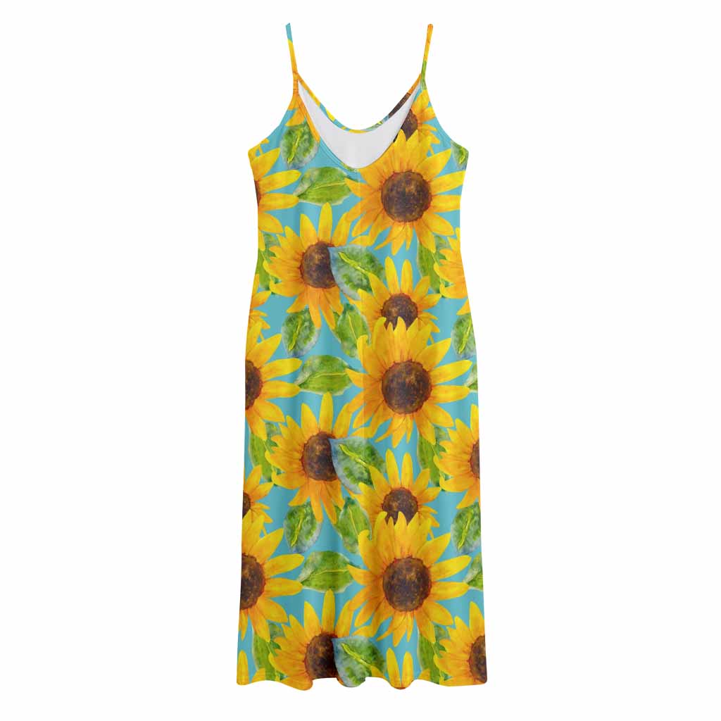 Blue Watercolor Sunflower Pattern Print Jersey Midi Cami Dress
