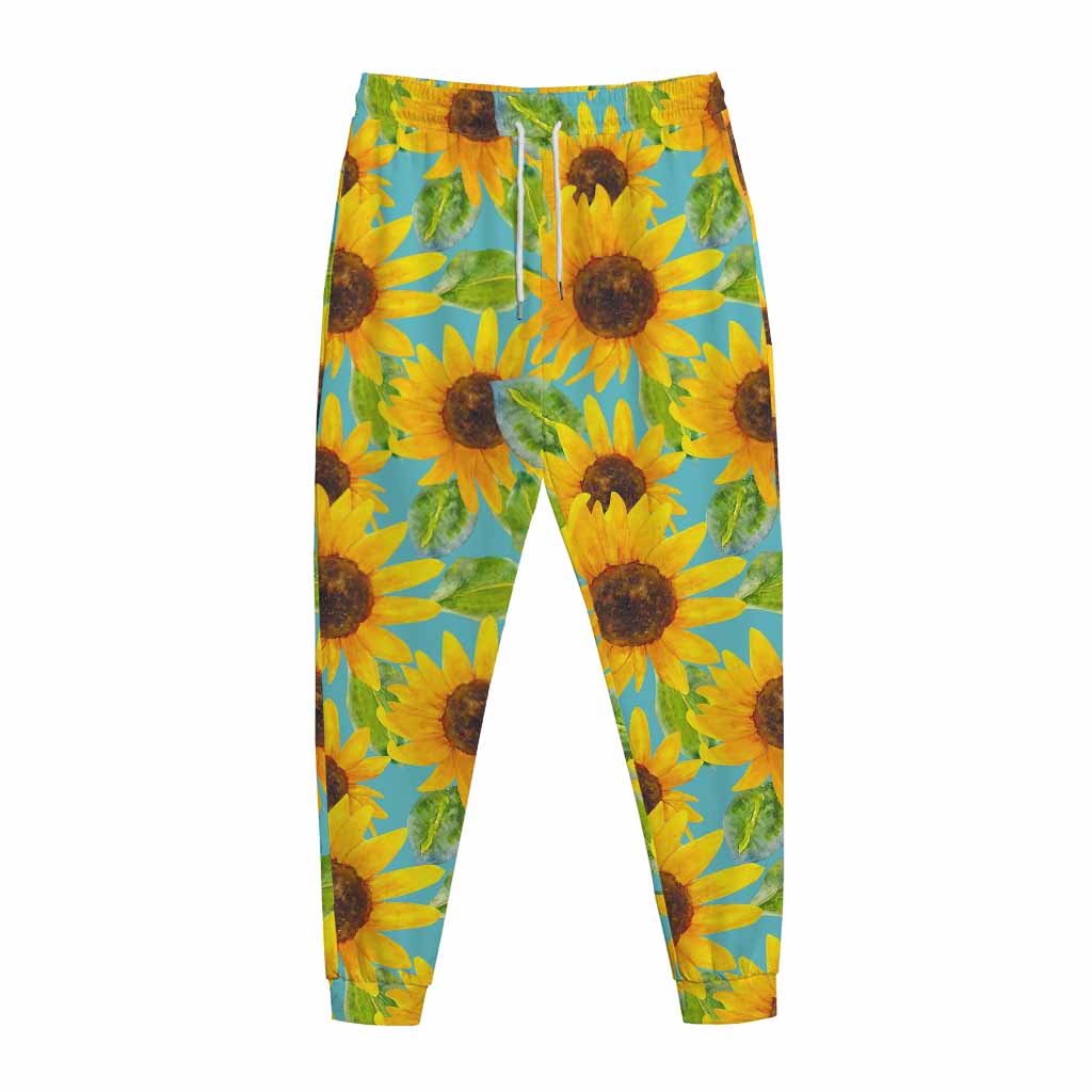 Blue Watercolor Sunflower Pattern Print Jogger Pants