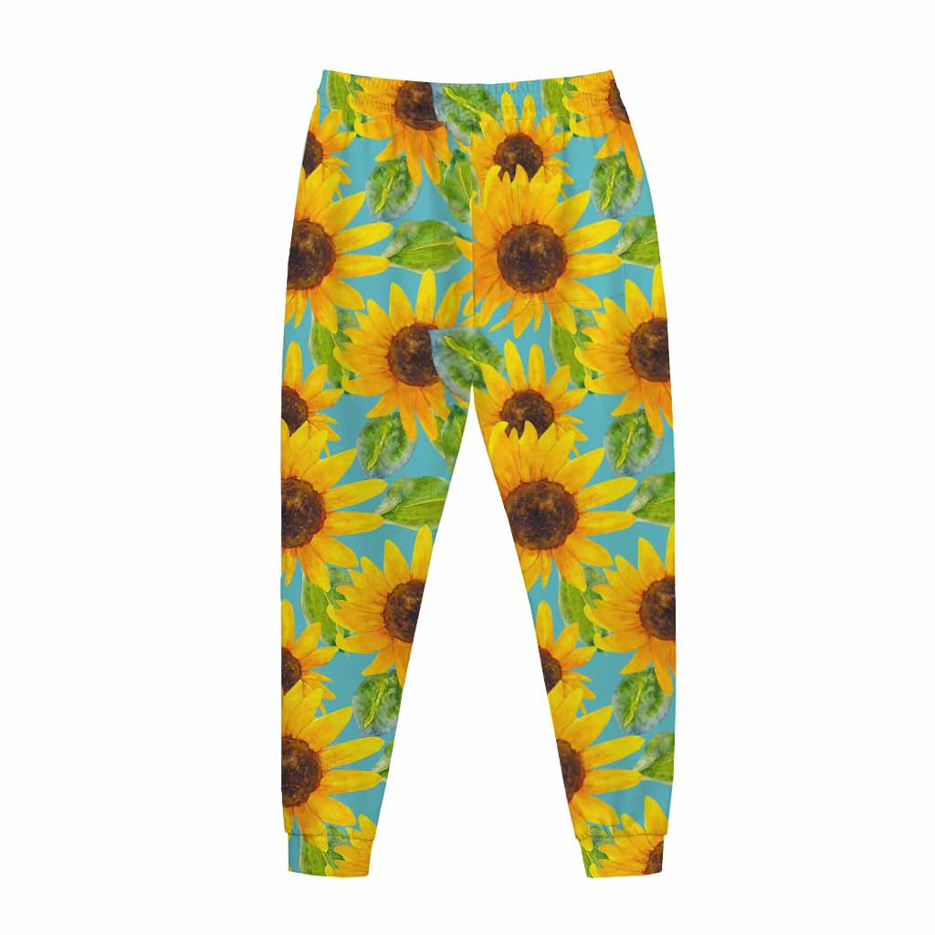 Blue Watercolor Sunflower Pattern Print Jogger Pants
