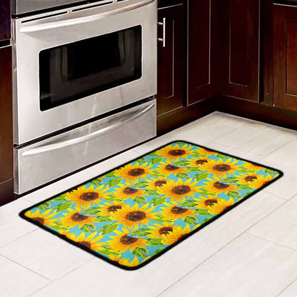 Blue Watercolor Sunflower Pattern Print Kitchen Mat